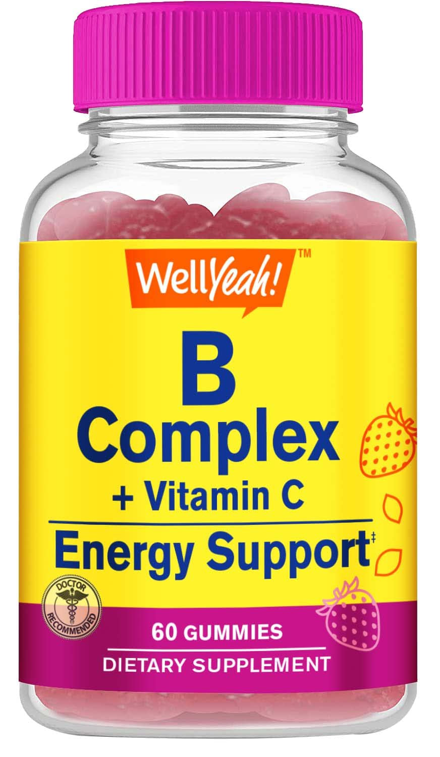 Wellyeah Vitamin B Complex Gummies -With Vitamin C, Niacin, Vitamin B6, Folic Acid, Vitamin B12, Biotin & Pantothenic Acid - 2 Month Supply -Natural Strawberry Flavor, Non GMO, Gluten Free -60 Gummies