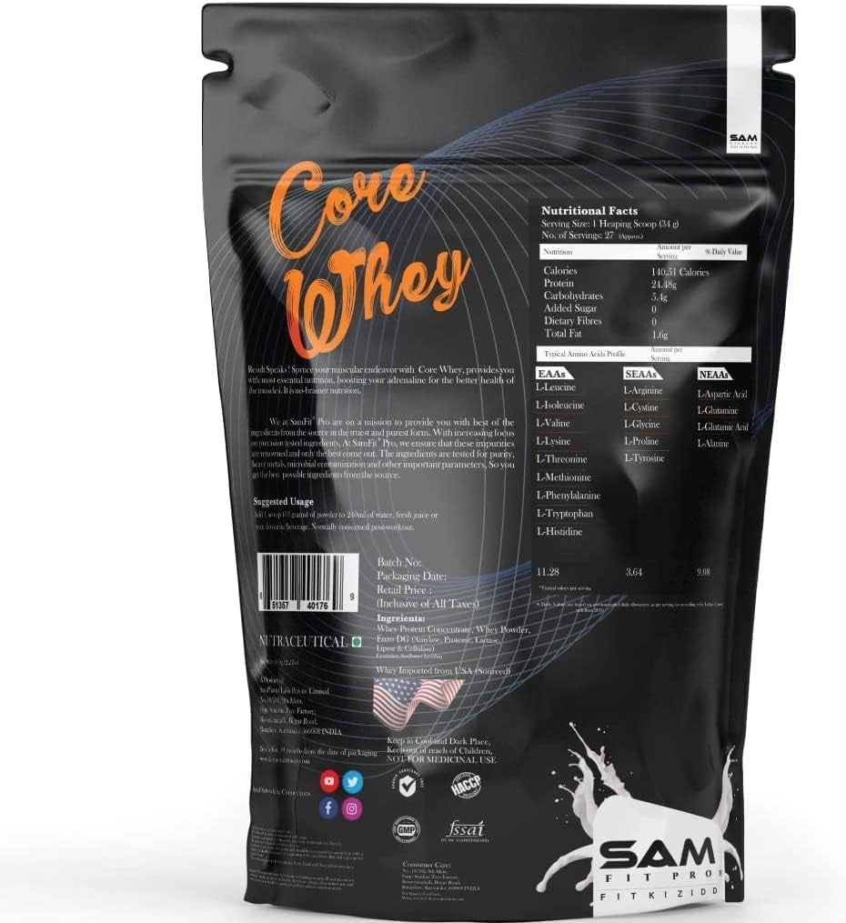 CROW Samfit Pro Core Whey | Unflavoured | 24G Protein per Serving | 5.4G BCAA | 4G Glutamine | 1 Kg 2.2 Lbs || 0G Trans Fat | for Muscle Support & Recovery