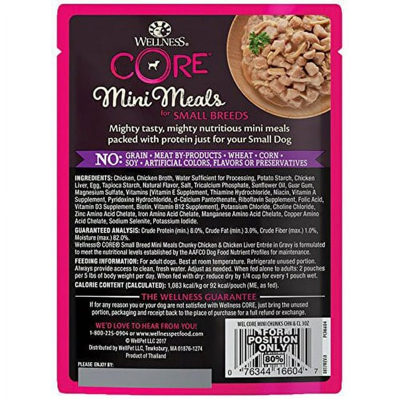 Wellness CORE Natural Grain Free Small Breed Mini Meals Wet Dog Food, Chunky Chicken & Chicken Liver Entrée in Gravy, 3-Ounce Pouch (Pack of 12)