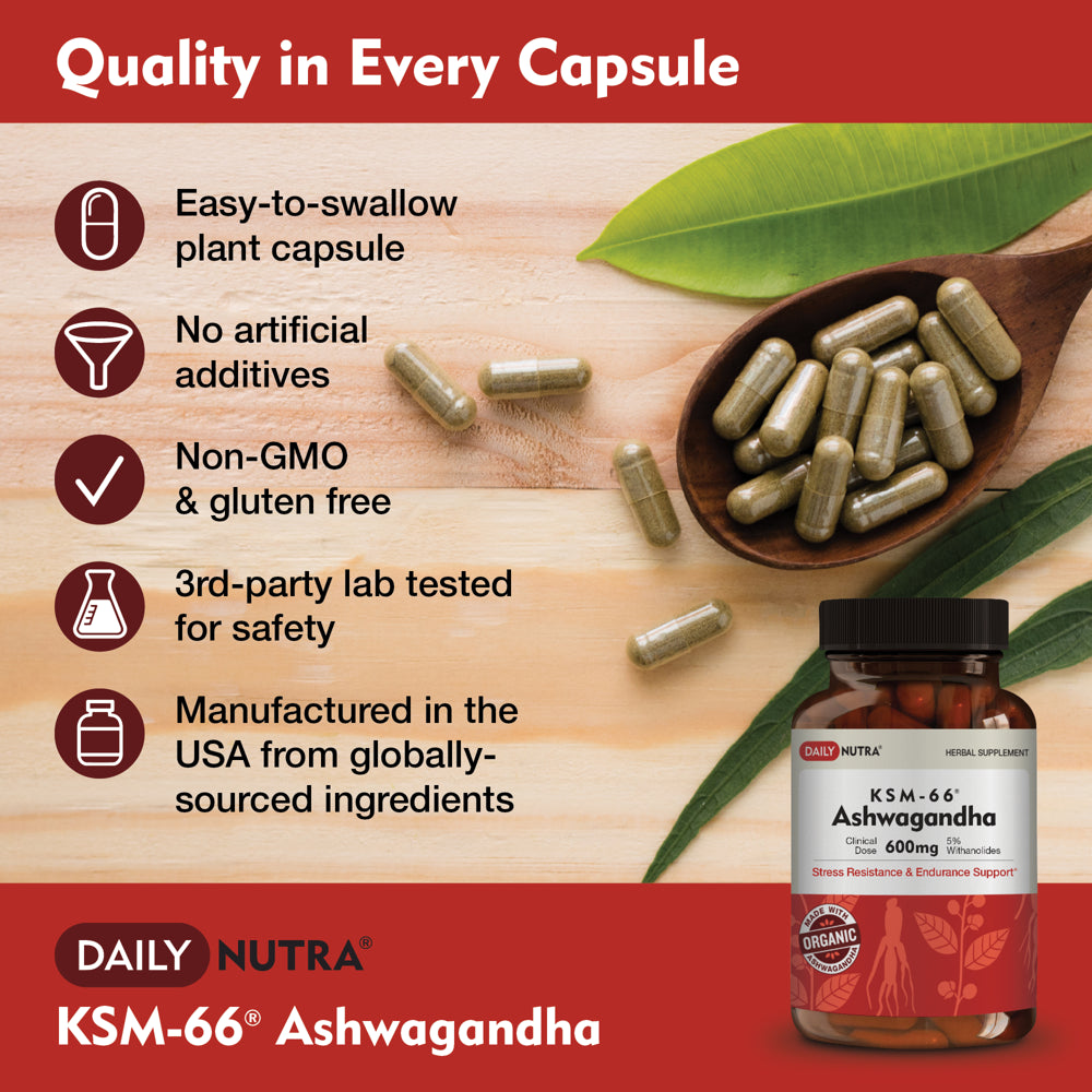 KSM-66 Ashwagandha by Dailynutra - 600Mg Organic Root Extract - High Potency Supplement with 5% Withanolides | Stress Relief, Increased Energy and Focus (60 Capsules)