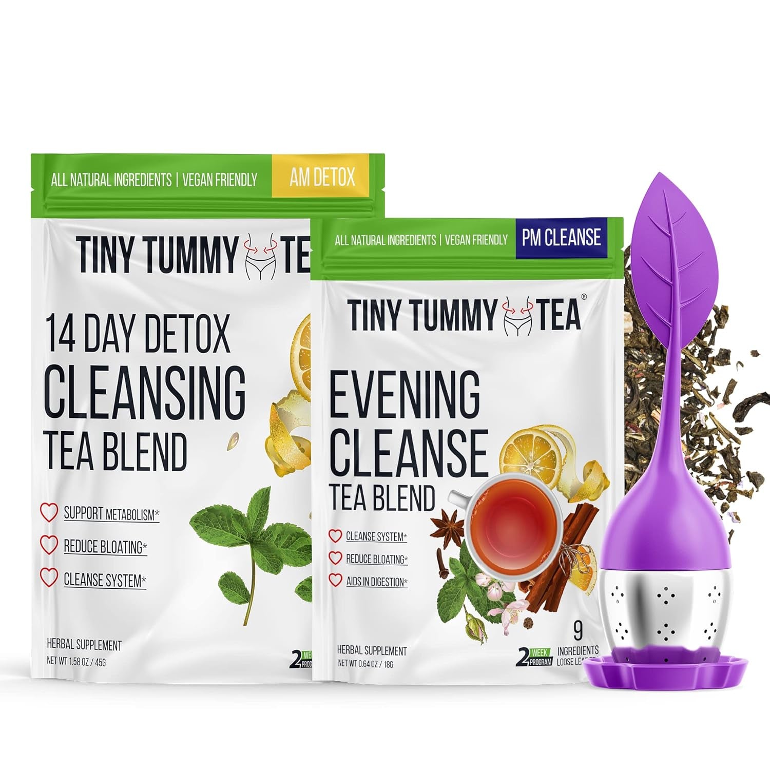 Tiny Tummy Tea 2-Step 14 Day Cleanse Detox with Tea Infuser - 1 Daytime Dandelion Tea, 1 Evening Senna Tea, 1 Optional Tea Infuser, Vegan, Reduce Bloating, All Natural (Purple)