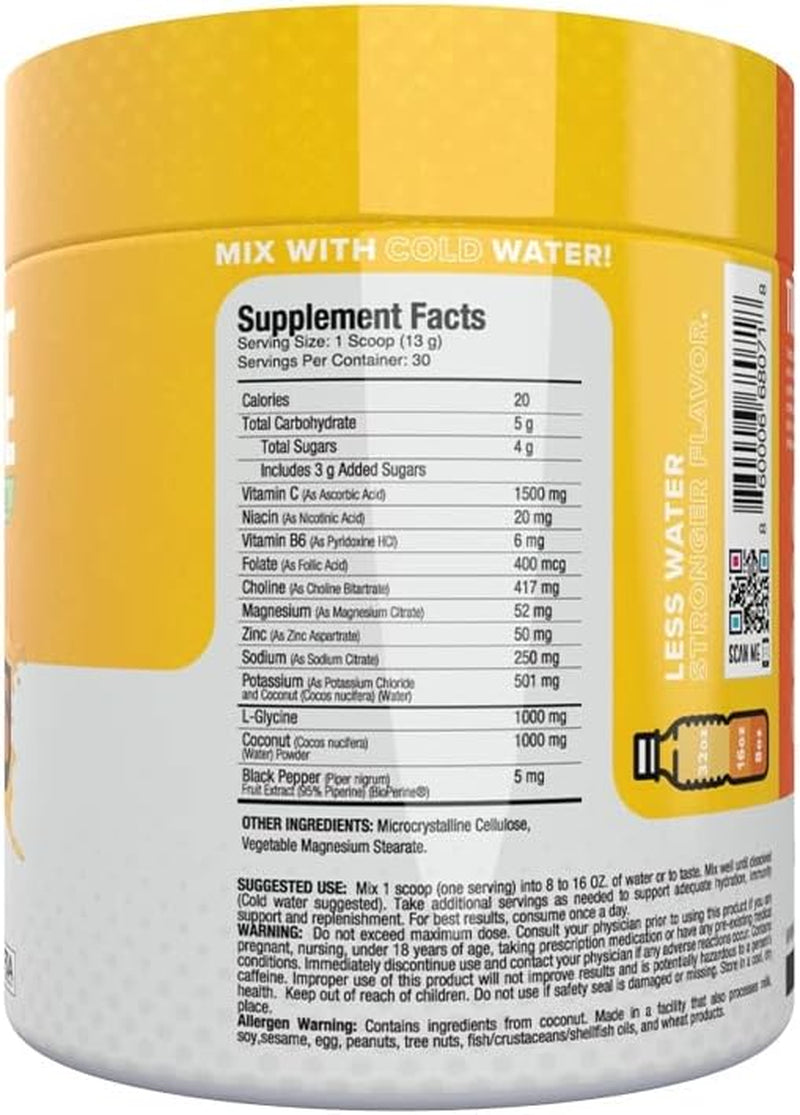 Tranzfuse Hydration Immunity Drink Mix - Coconut Hydration Powder L 30 Servings L All Natural Electrolyte Mix L 1500Mg Vitamin C plus Zinc L-Glycine Magnesium Citrate and More (Pineapple Express)