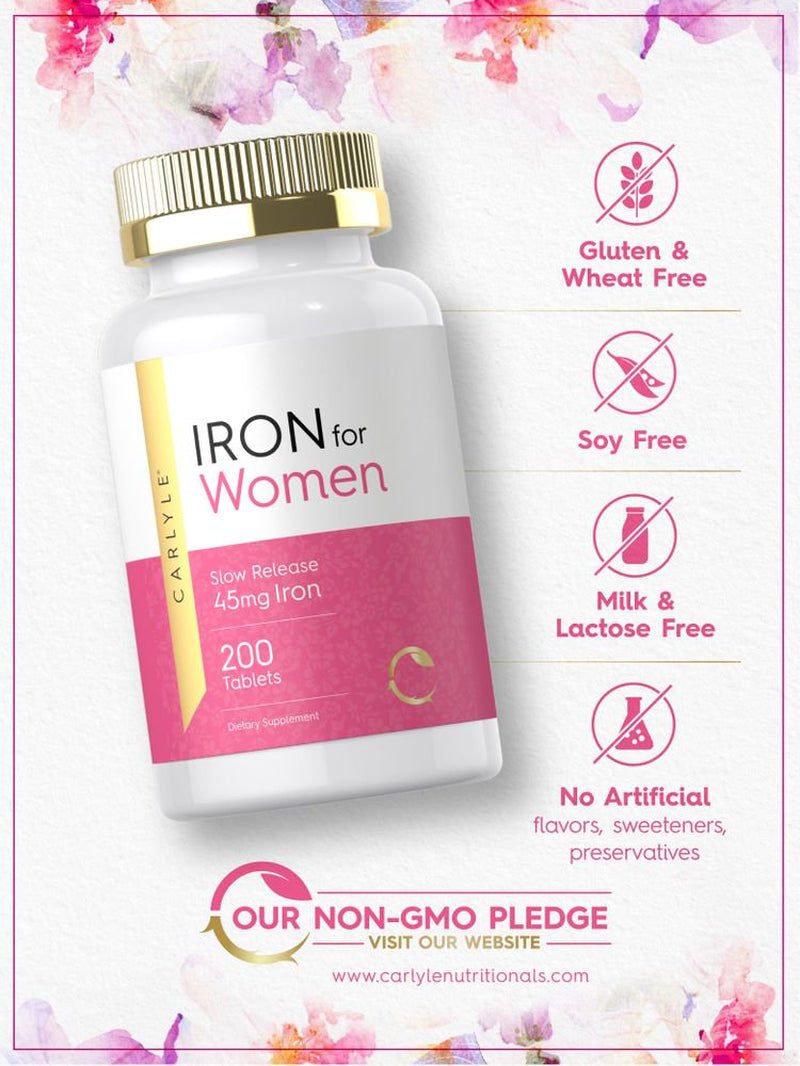 Iron Supplement for Women 45Mg | 200 Tablets | Vegetarian Formula | by Carlyle