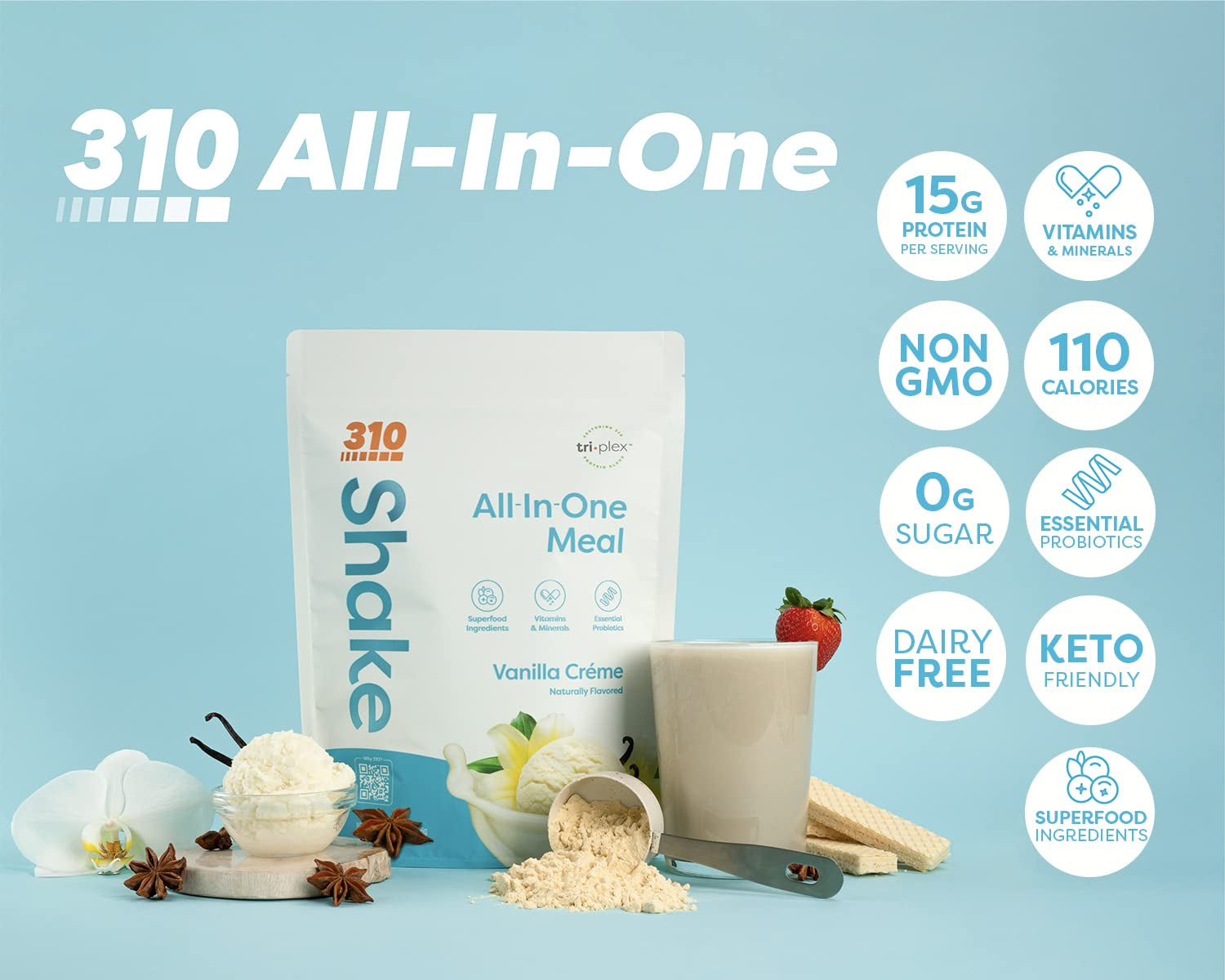 310 Nutrition – All-In-One Meal Replacement Shake Starter Kit - Fiber Rich Vegan Superfood Blend - Natural Sweeteners - Low Carb Shake, Keto & Paleo Friendly - Gluten Free - 26 Essential Vitamins & Minerals – 3 Flavors with Shaker Cup