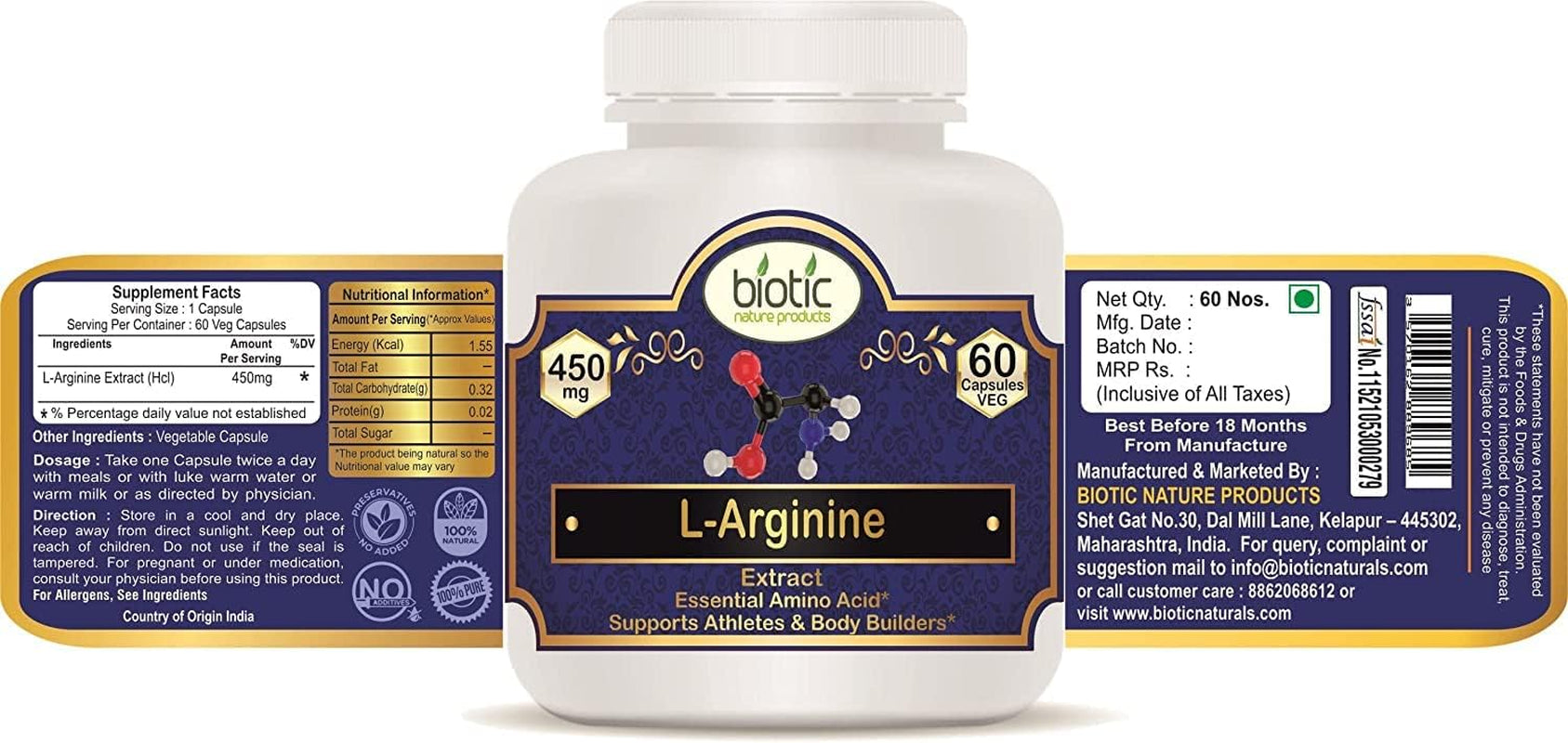 Veena Biotic L-Arginine/L Arginine Capsules 450 Mg for Muscle - 120 Veg Capsules (Pack of 2)