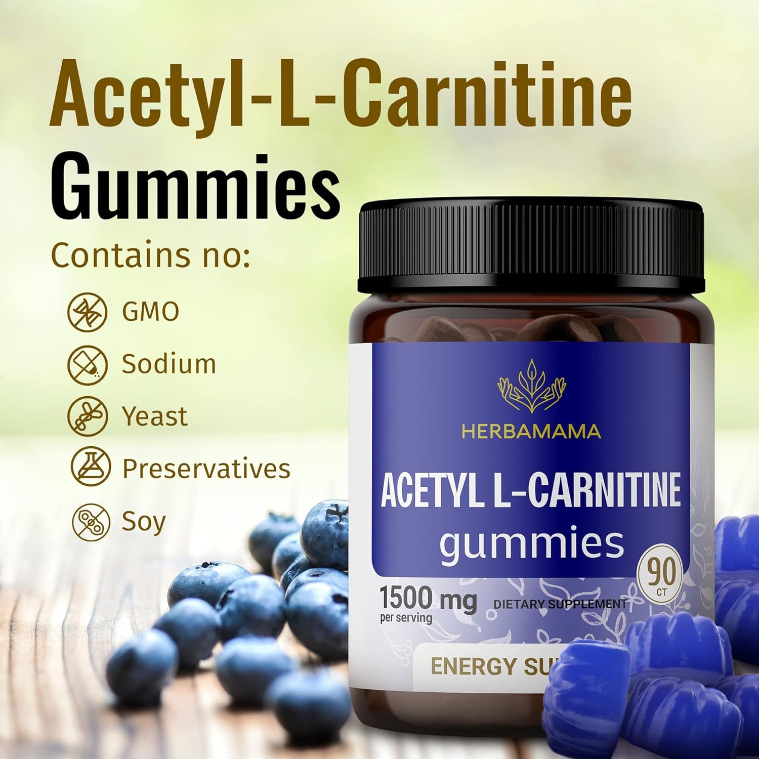 Acetyl L-Carnitine 1500Mg Gummies - Daily Energy Gummies to Support Cognitive Mental Sharpness & Immune System Function - 90 Blueberry Gummies per Bottle