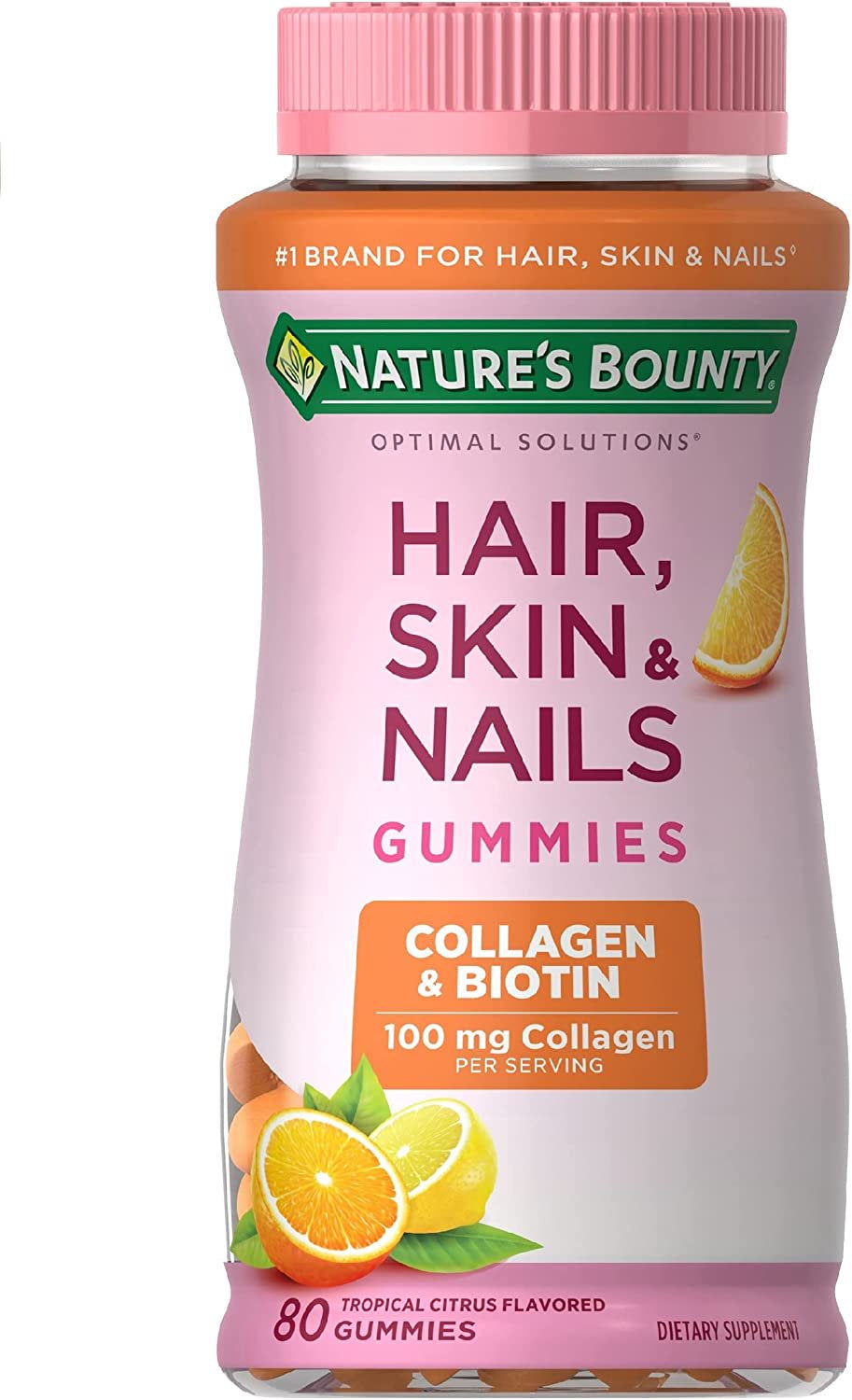 Nature'S Bounty Hair, Skin & Nails with Biotin and Collagen, Citrus-Flavored Gummies Vitamin Supplement, Supports Hair, Skin, and Nail Health for Women, 2500 Mcg, 80 Count