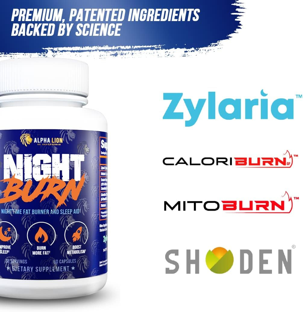 Alpha Lion Night Burn Sleep Support Supplement for Metabolism and Lean Muscle Growth, Helps Promote Relaxation, and Healthy Cortisol, Made with Ashwagandha & Melatonin, 60 Capsules