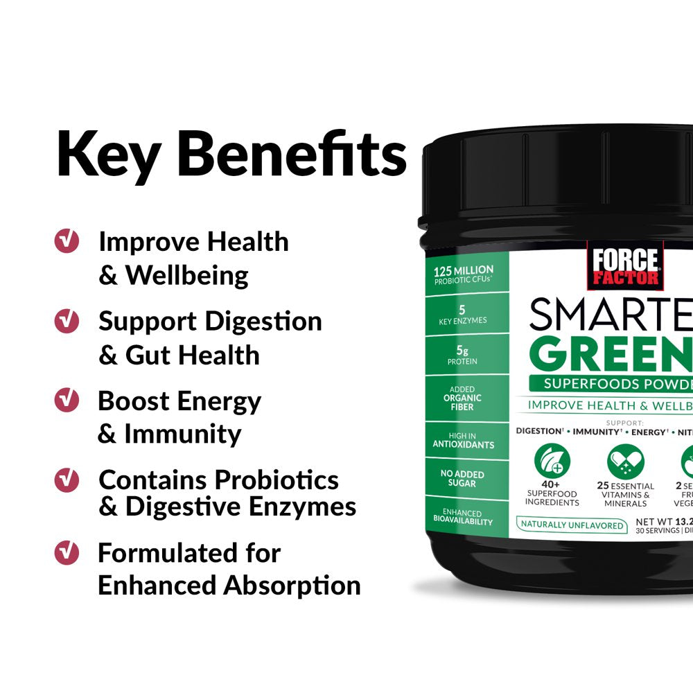 Smarter Greens Superfoods Powder, Greens Powder with Probiotics, Digestive Enzymes, Antioxidants, and Fiber, Superfood Powder to Support Digestion, Immunity, and Energy, Force Factor, 30 Servings