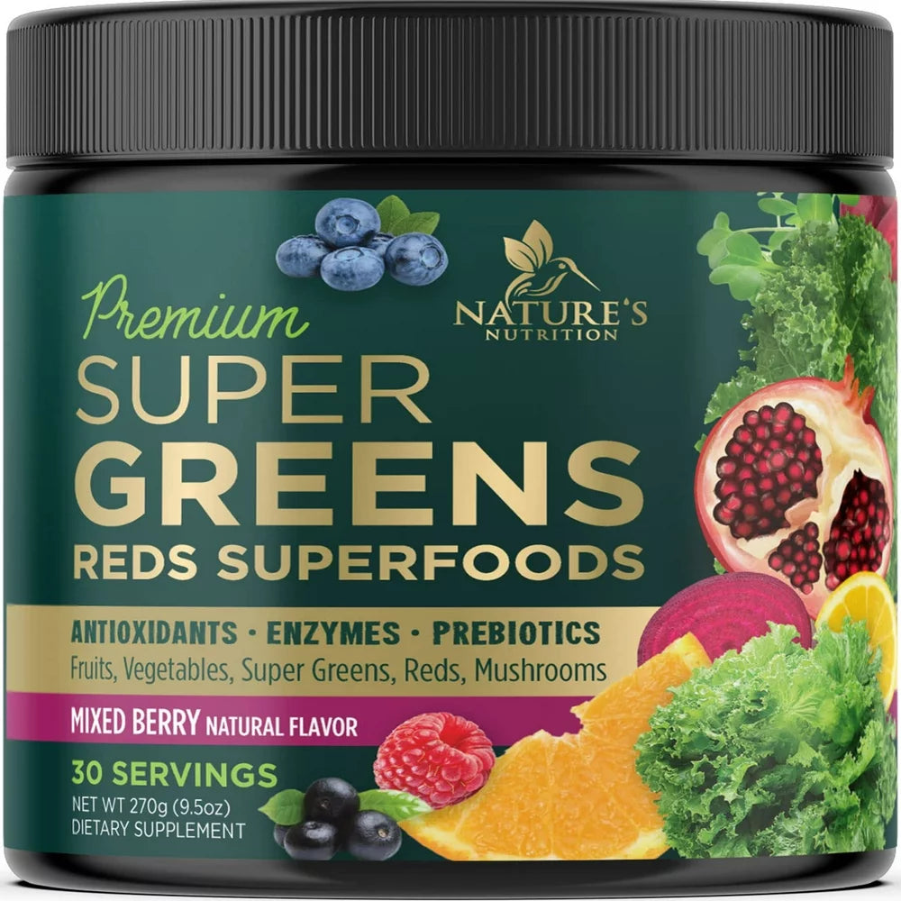 Greens Superfood Powder Supplement - Super Green Smoothie Mix Blend with Spirulina, Wheat Grass, Chlorella, Beets, Digestive Enzymes & Antioxidants - Natural Gut Health, Vegan & Non-Gmo - 30 Servings