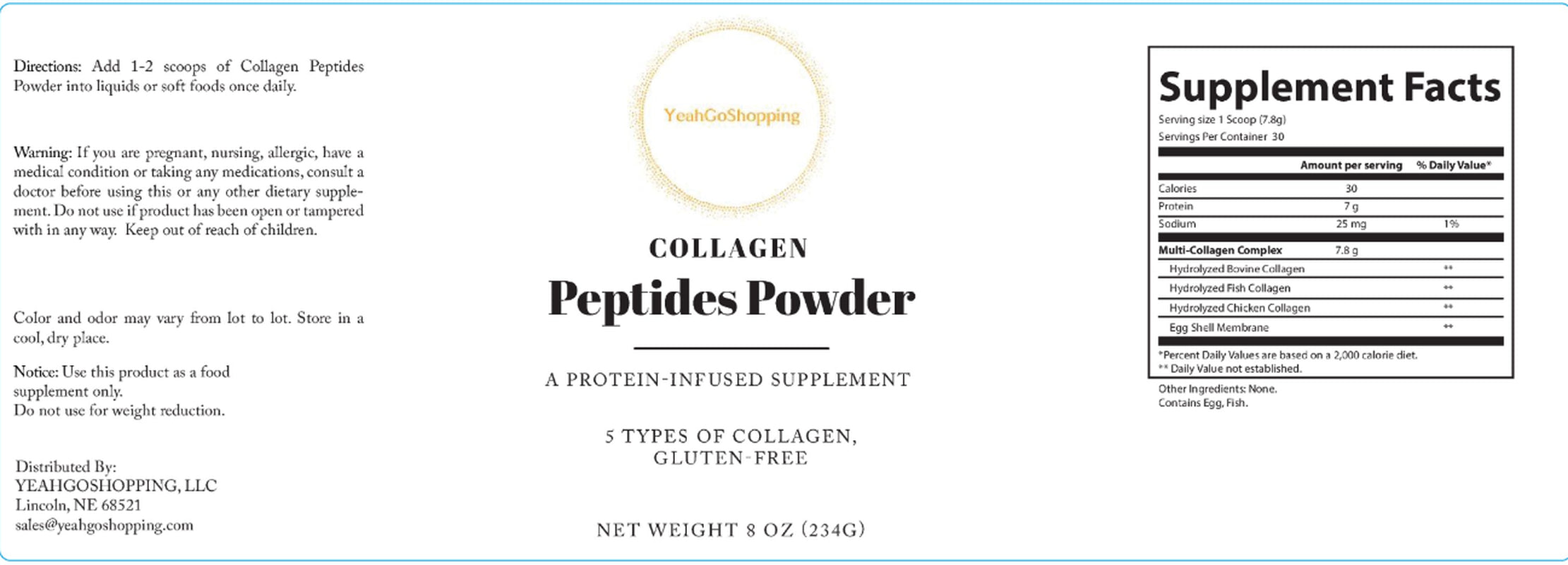 COLLAGEN PEPTIDES POWDER - a Protein Infused Supplement Powder - 8 OZ (234G)