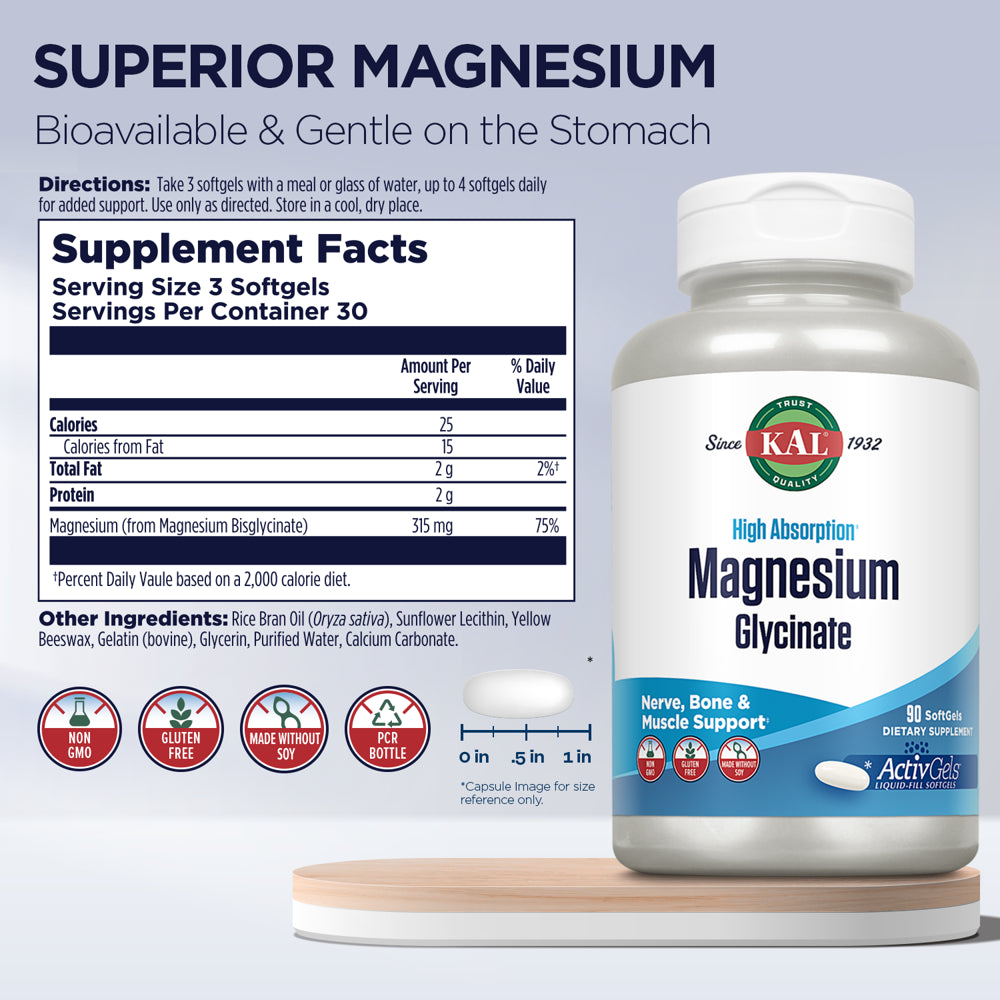 KAL Magnesium Glycinate Activgels 315Mg, High Absorption Magnesium Supplement for Muscle, Nerve & Bone Health Support, Non-Gmo, Gluten Free, 30 Servings, 90 Softgels