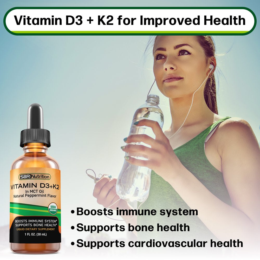 USDA Organic Vitamin D3 + K2 (MK-7) Sublingual Liquid Drops with MCT Oil | Peppermint Flavor | Helps Support Strong Bones and Healthy Heart, Boost Immune System