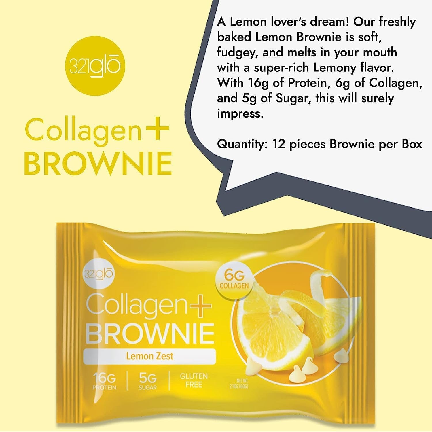 321Glo Collagen Protein Brownie | Gluten Free, Low Sugar | Keto Snack for Women, Men, & Kids | 16G Protein, 6G Collagen | 12 Pack (Lemon Zest)