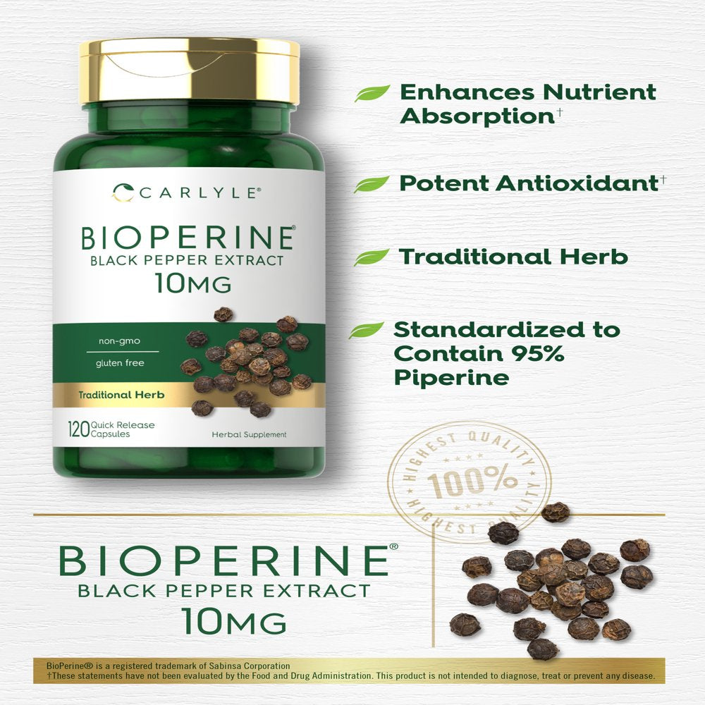 Bioperine 10Mg 120 Capsules | Sourced from Black Pepper Extract | by Carlyle