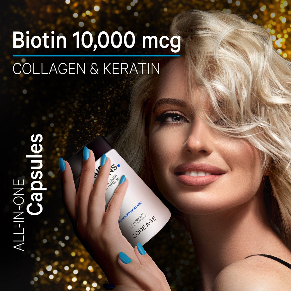 Codeage Hair Vitamins, Biotin 10Mg, Keratin, Collagen Capsules, Zinc, Probiotics, Omega-3, Enzymes, 120 Ct