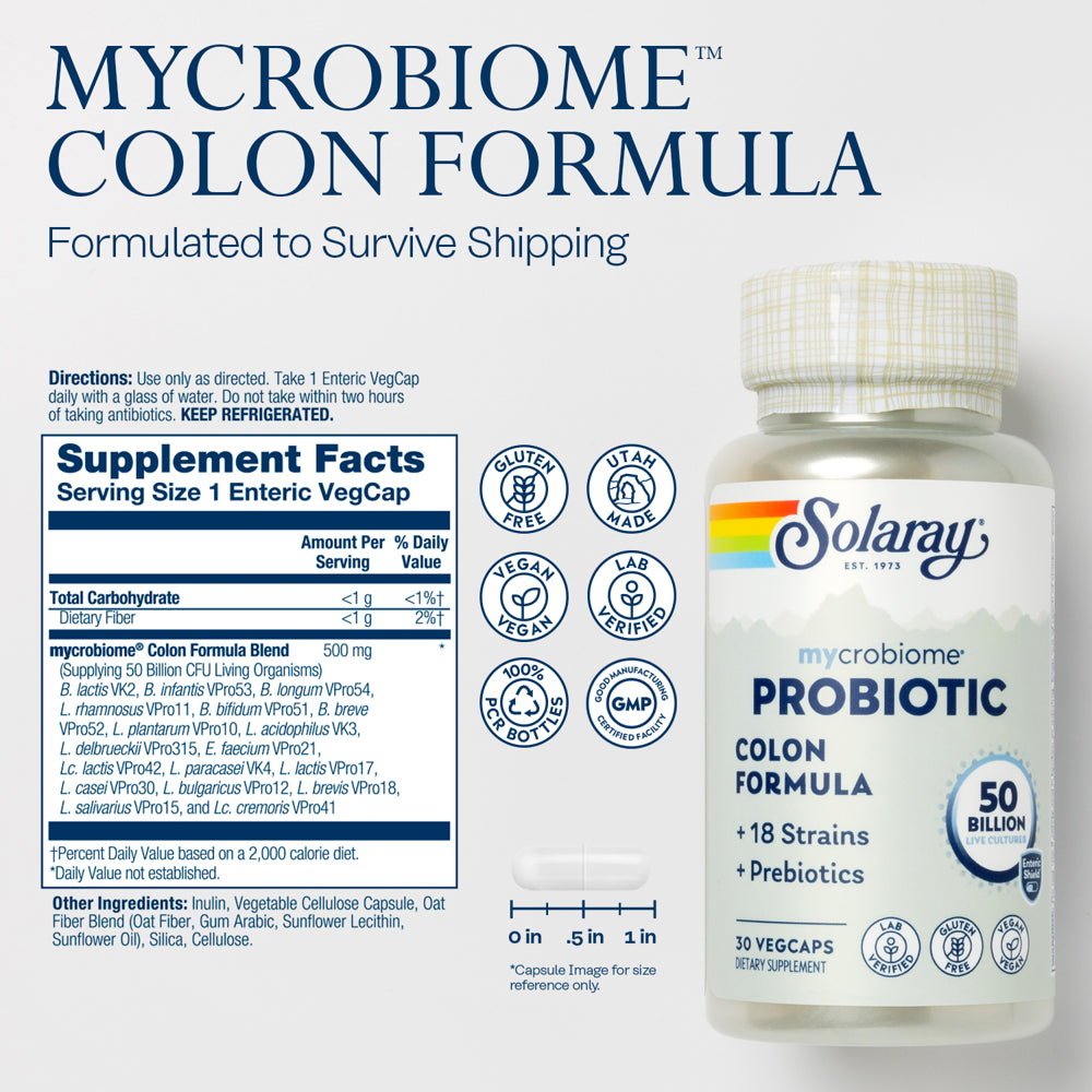 Solaray Mycrobiome Probiotic Colon Formula | Formulated to Support Healthy Intestinal & Colon Function, Immunity & More | 50 Billion CFU | 30 Vegcaps
