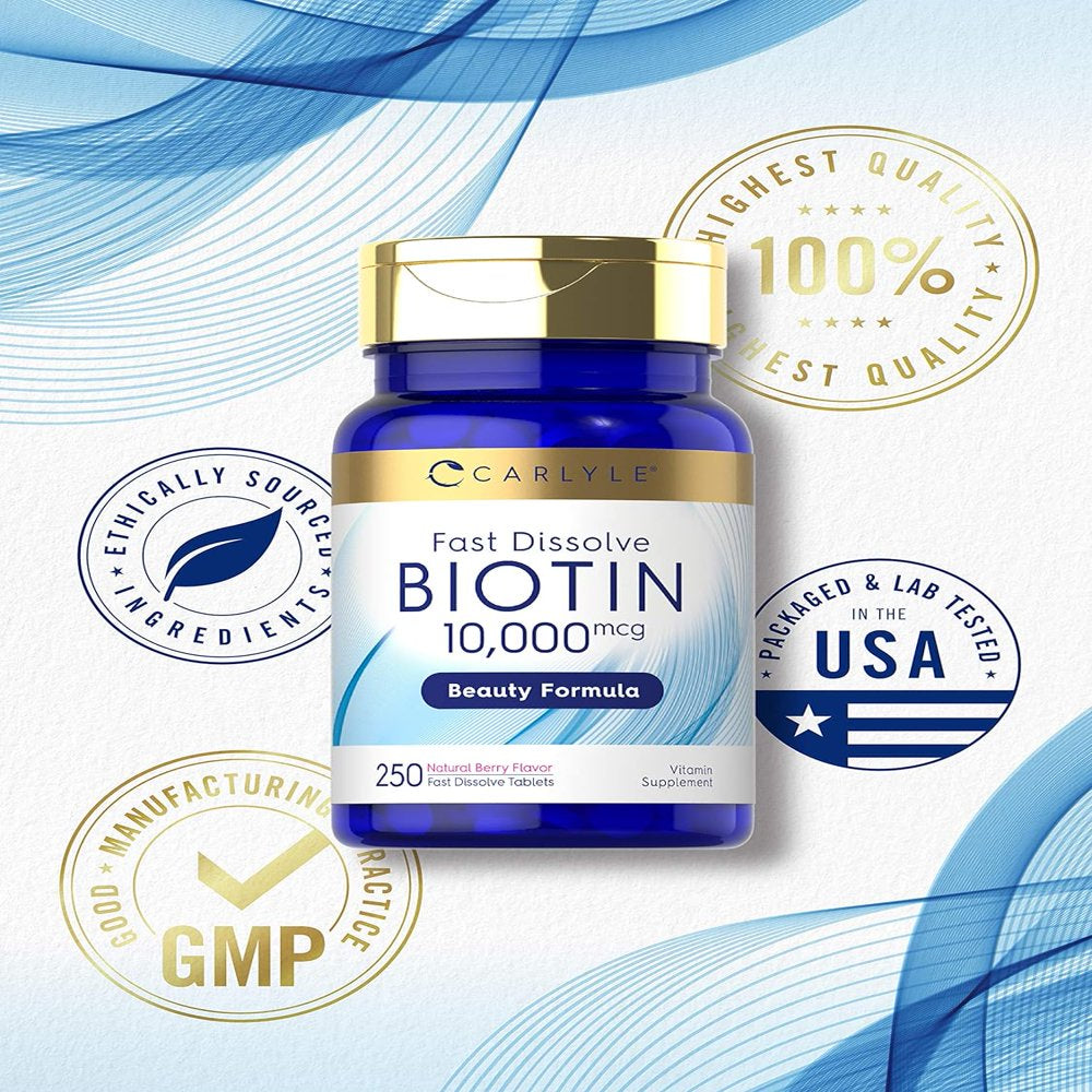 Biotin 10000 Mcg | 250 Tablets | Vegetarian, Non-Gmo, Gluten Free | by Carlyle