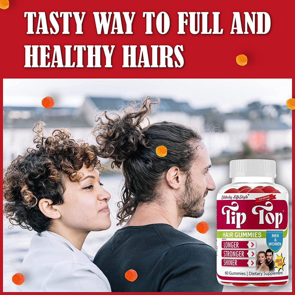 Tiptop Hair Vitamins Gummies with Biotin, Vitamin E & C Support Hair Growth Gummy, Premium Vegetarian Non-Gmo, for Stronger, Beautiful Hair, Skin & Nails 60 Ct