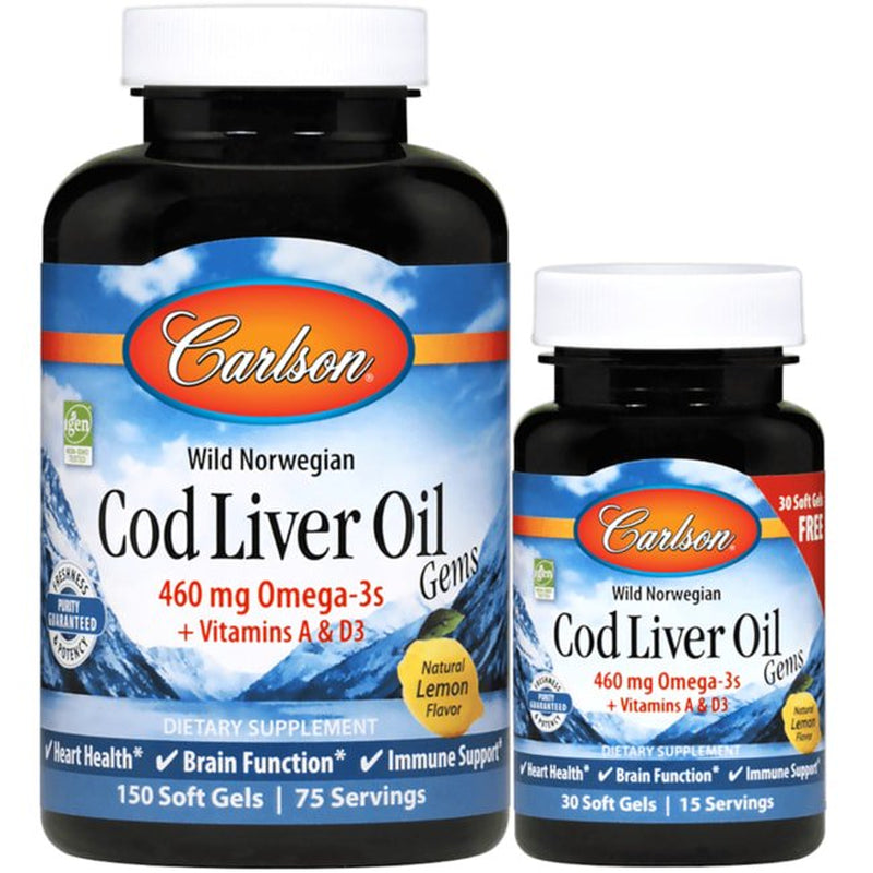 Carlson - Cod Liver Oil Gems Bonus Pack 150 Soft Gels + 30 Free Soft Gels Lightly Lemon 1000 Mg. - 180 Softgels