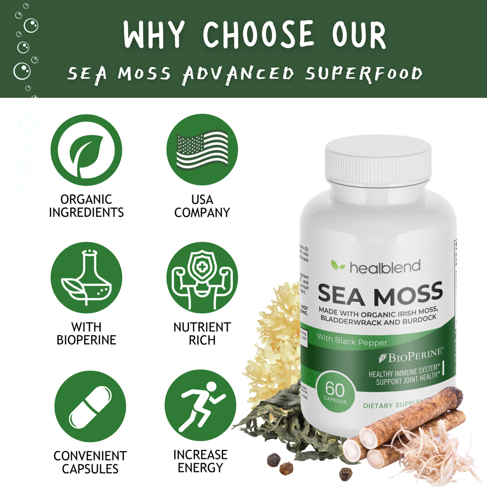 Healblend Organic Irish Moss, Bladderwrack, Burdock, & Bioperine - 1405Mg with Black Pepper - Natural Wellness and Detox Support Supplement - 3-Pack