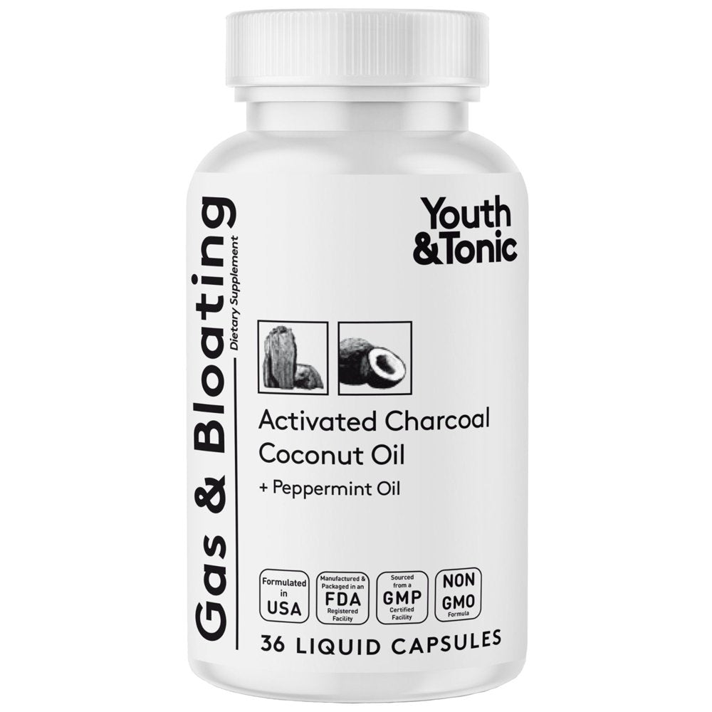 Youth & Tonic Activated Liquid Charcoal for Bloating and Gas Relief, Body Detox with Peppermint Oil for Gut Health