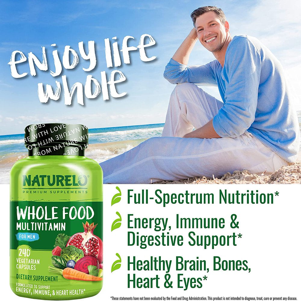 NATURELO Whole Food Multivitamin for Men - Vitamins, Minerals, Antioxidants, Organic Extracts - Vegetarian - for Energy, Brain, Heart, Eye Health - 240 Vegan Capsules