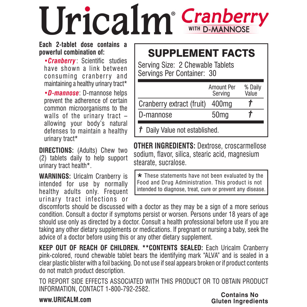 Uricalm Cranberry - Berry Flavored Daily Dietary Supplement Chewable with D-Mannose - 60 Count