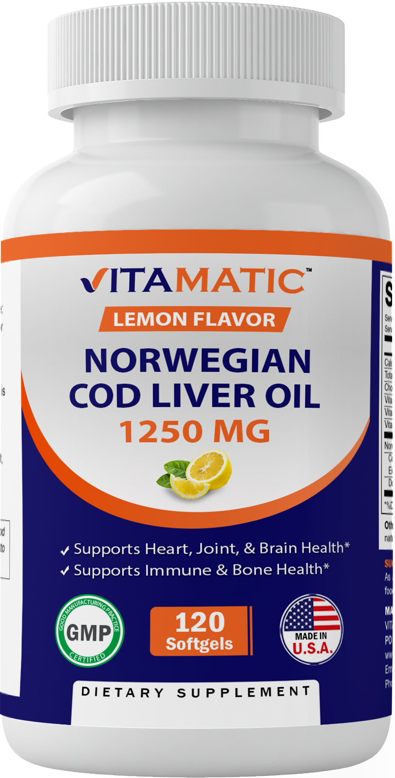 Vitamatic Norwegian Cod Liver Oil 1250Mg 120 Softgels (Lemon Flavor) - Promotes Cardiovascular Health