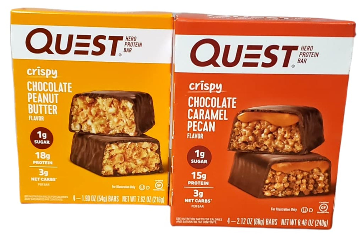 2) Pack Quest Hero Protein Bar - Each Pack Contain 4 Bars - 1.90 Oz (54G) NET WT 7.62 Oz ( 216G) Each. 1 Pack Crispy Chocolate Peanut Butter Flavor & 1 Pack Crispy Chocolate Caramel Pecan Flavor