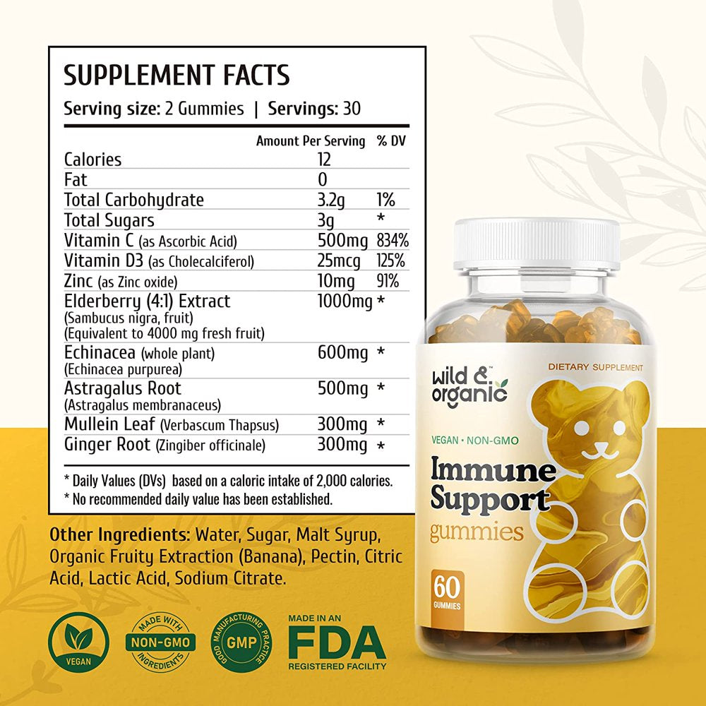 Wild & Organic Immune Support Gummies W/ Elderberry, Echinacea, Vitamin C, D3 & Zinc, 60 Chews