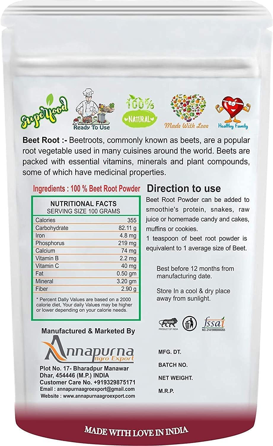 BETT B Naturall Beet Root Powder (Dietary Fiber) - 100 GM by B Naturall