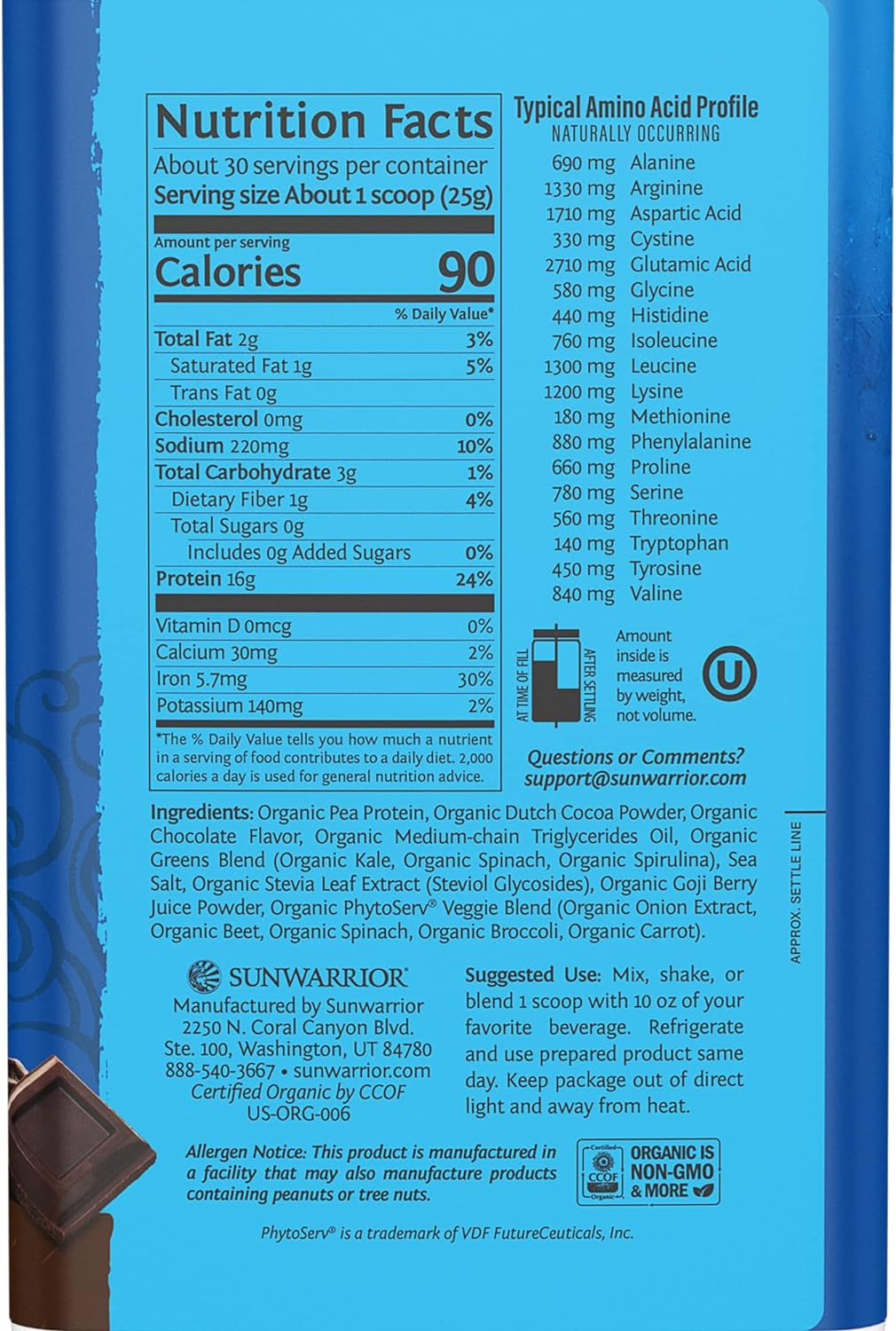 Sunwarrior Warrior Blend Protein Greens Powder Drink Mix | BCAA Plant Based Organic Hemp Seed Vegan Gluten Free Non-Gmo Low Carb Protein Powder | Chocolate 750 G 30 SRV