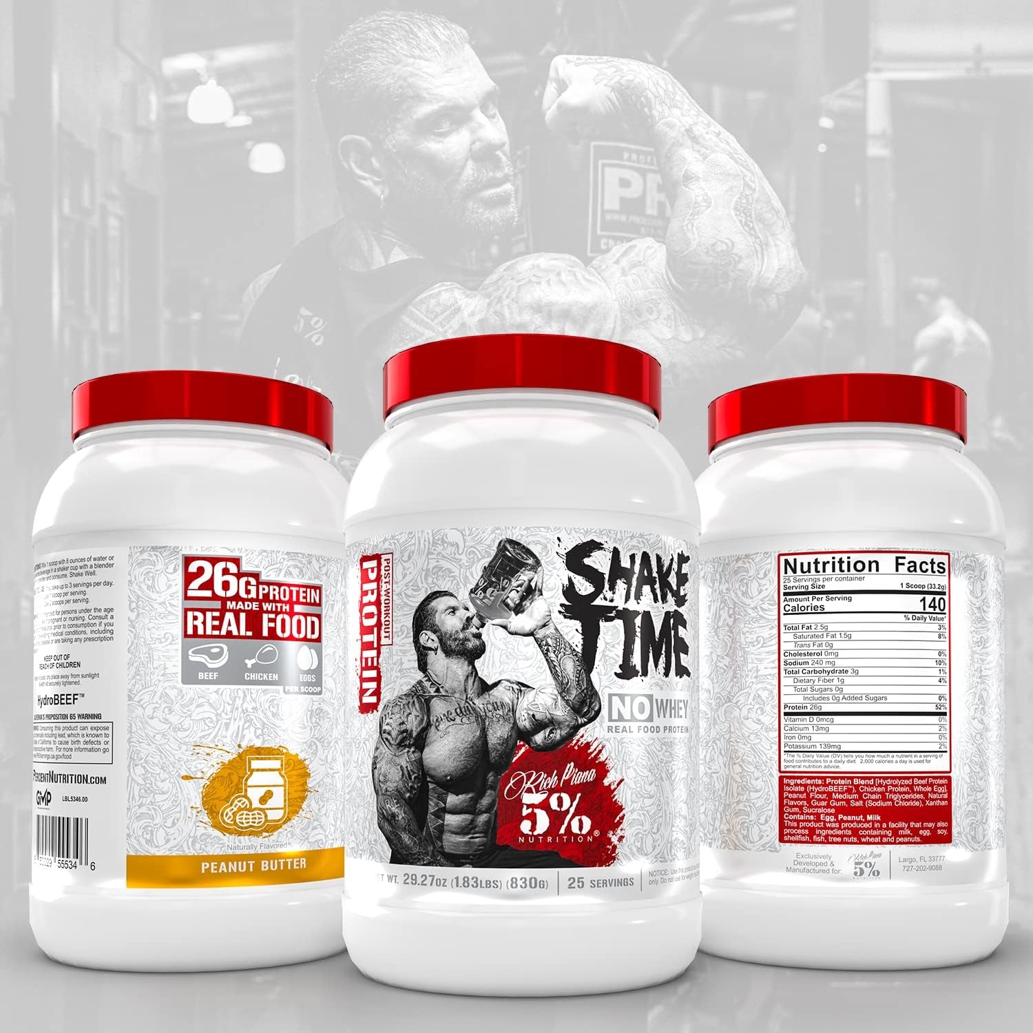 5% Nutrition Rich Piana Shake Time | No-Whey 26G Animal Based Protein Drink | Grass-Fed Beef, Chicken, Whole Egg | No Sugar, Dairy, or Soy | (Peanut Butter)