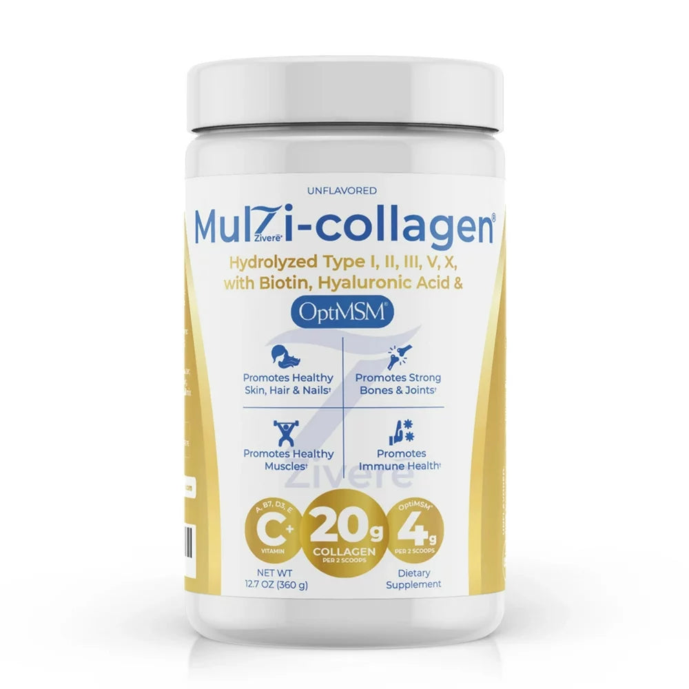 Zivere Multi Collagen Peptides Powder (Types I, II, III, V, X) with MSM, Hyaluronic Acid & Biotin - Supports Skin, Hair, Nails, Bones, Joints, Muscles & Immunity - Best Collagen for Women & Men