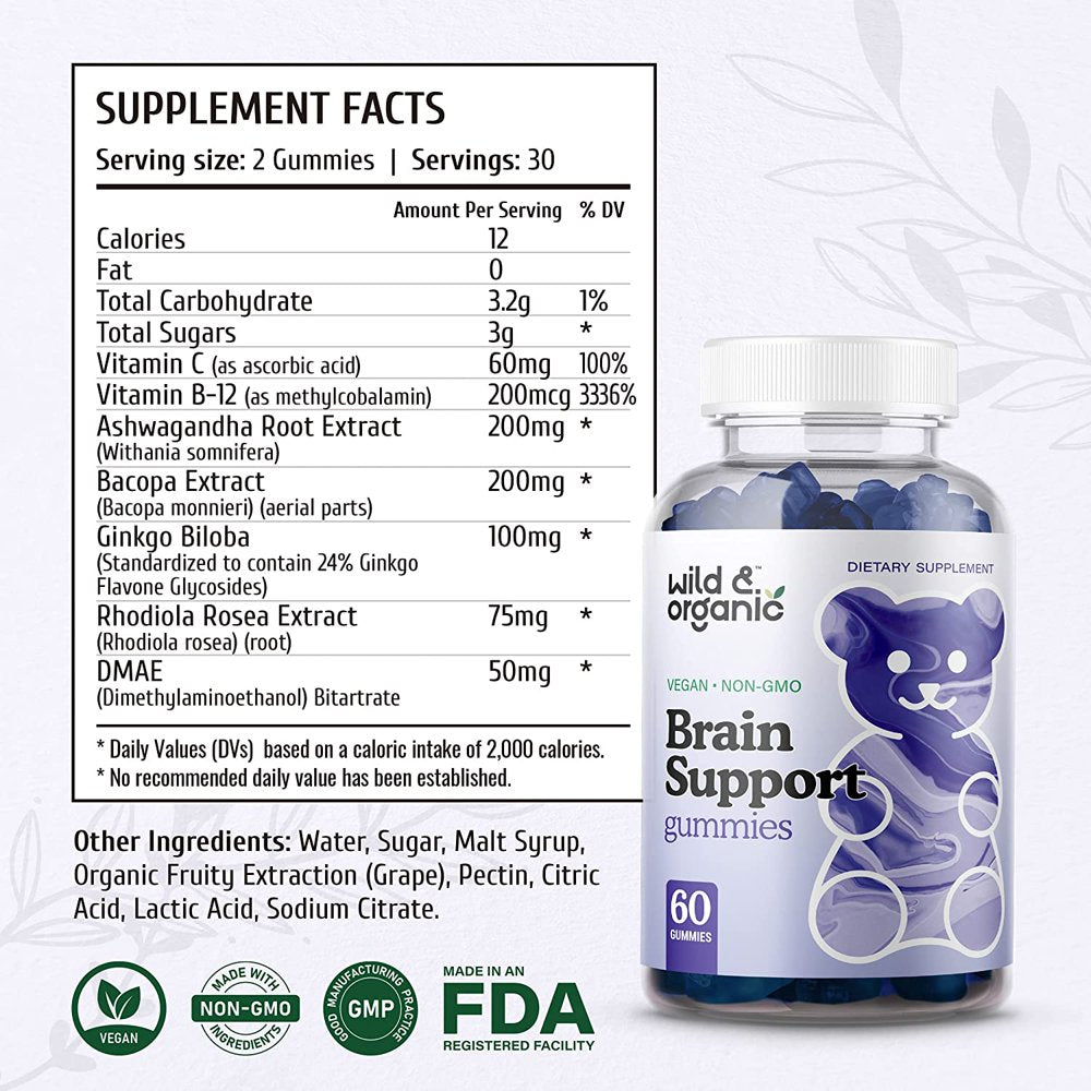 Wild & Organic Brain Support Gummies - Natural Nootropic and Focus Supplement, 60 Ct