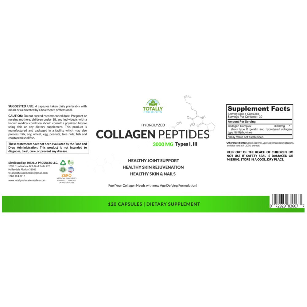 Hydrolyzed Collagen Peptides 750Mg - Protein Powder (120 Capsules)