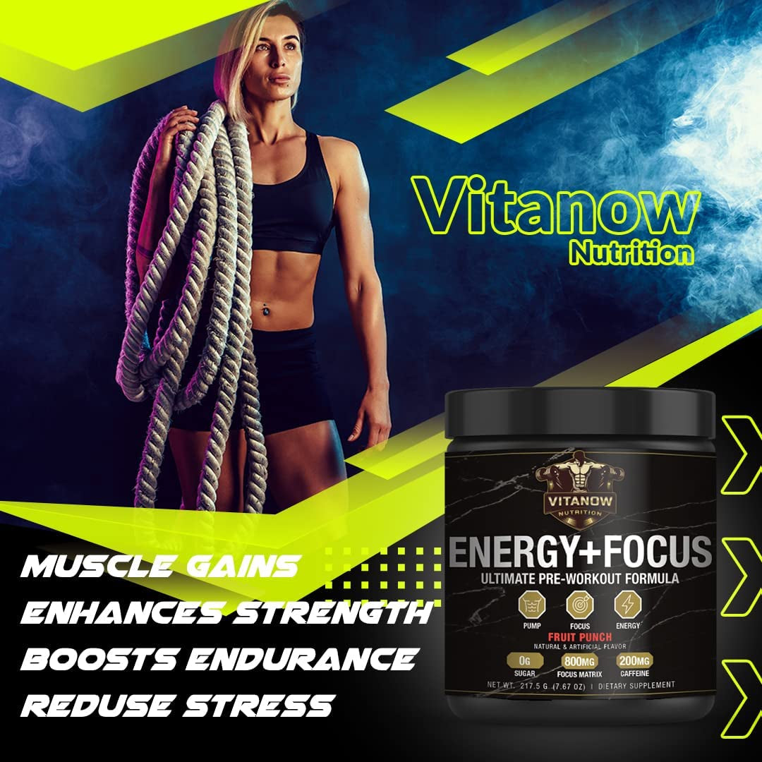 VITANOW NUTRITION Energy+Focus, Pre-Workout Formula, Sugar Free, 217.5G, 30 Servings (Fruit Punch)