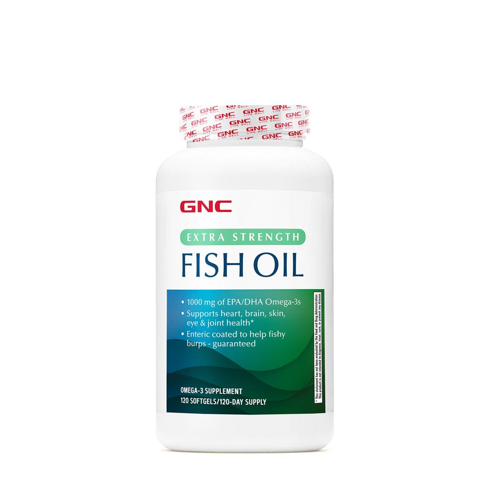 GNC Omega-3 Fish Oil Extra Strength, 120 Softgel Capsules, Burp Free, One per Day, Supports Heart Health