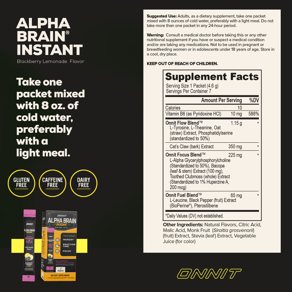 ONNIT Alpha BRAIN Instant Nootropic Brain Blackberry Lemonade Drink Mix, Memory/Focus, 7 Ct