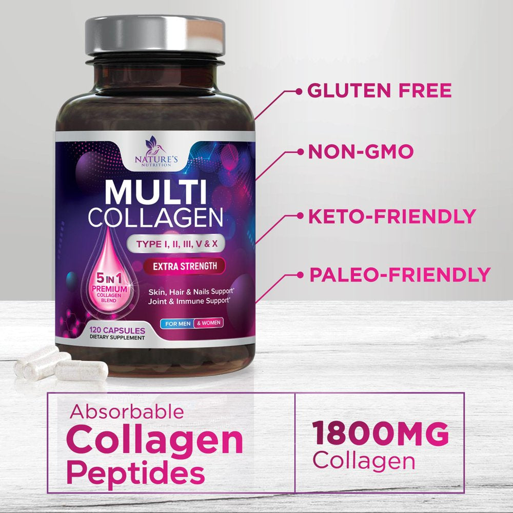 Multi Collagen Complex Pills - Type I, II, III, V, X, Grass Fed & Non-Gmo Hydrolyzed Collagen Peptides Supplement - Supports Hair, Nails, Skin & Joint Health, Gluten-Free, Paleo & Keto - 120 Capsules