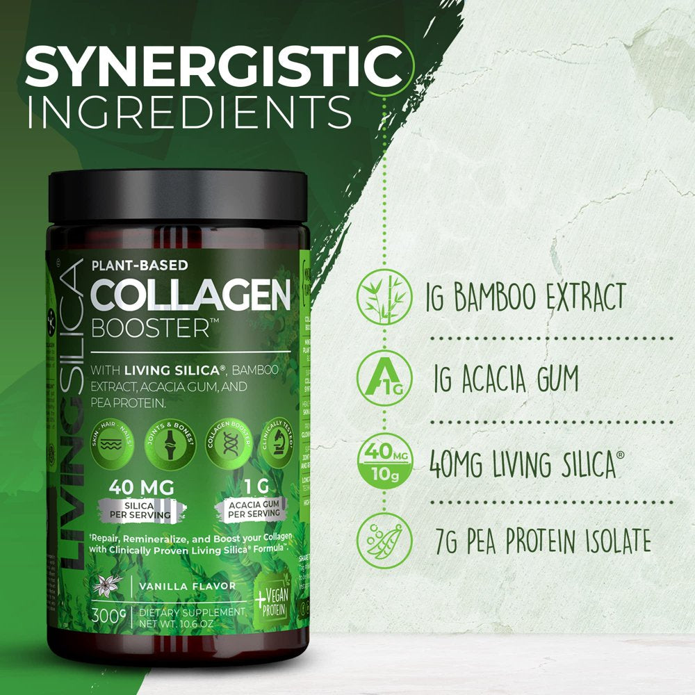 Living Silica Vegan Collagen Booster Powder | Plant Based Collagen Alternative Supplement | with Prebiotic Fiber and Bamboo Extract | Vanilla Flavor | (300 G / 33 Servings).