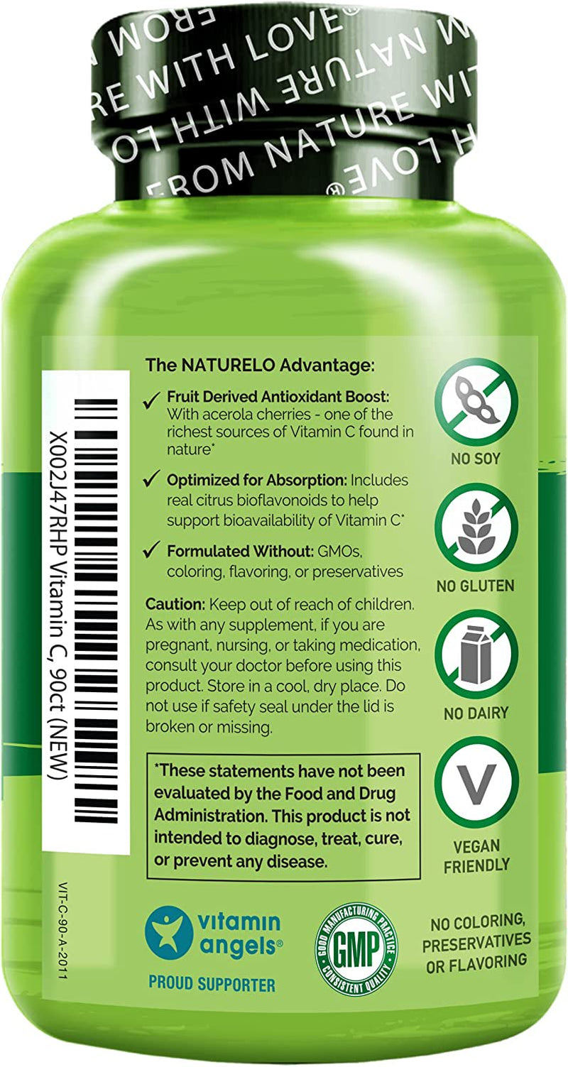 NATURELO Vitamin C with Organic Acerola Cherry Extract and Citrus Bioflavonoids - Vegan Supplement - Immune Support - 500 Mg VIT C per Cap - Non-Gmo - 90 Capsules