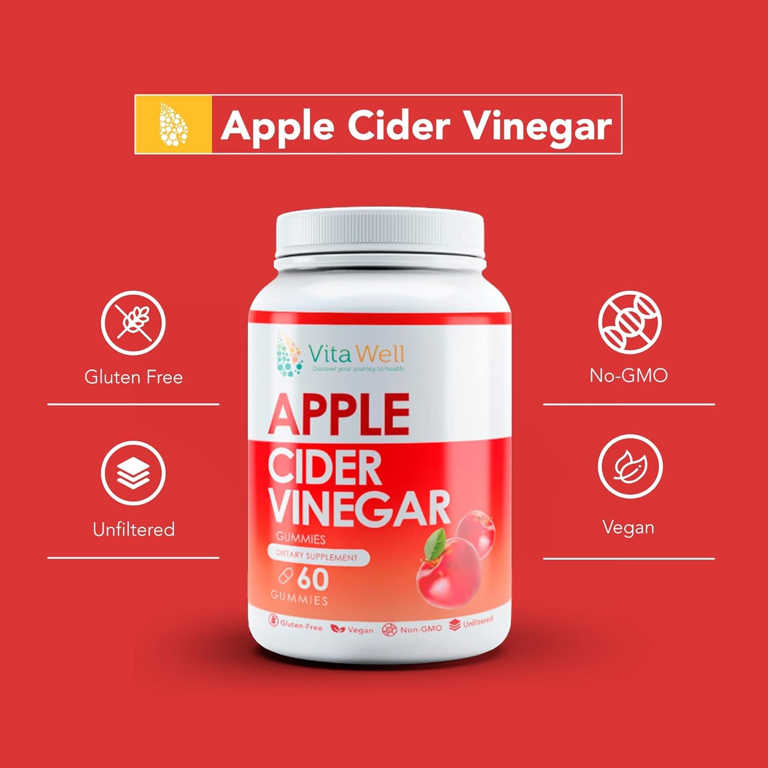 Vitawell Apple Cider Vinegar Gummy Vitamins, Dietary Supplement, 60 Count, Unfiltered, Gluten Free, Vegan & Non-Gmo.