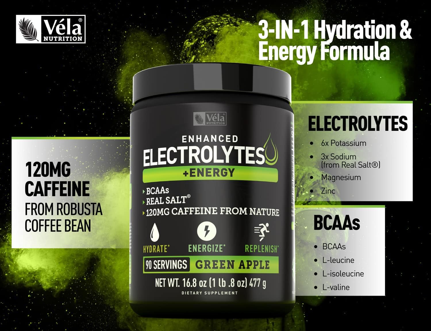 Electrolyte Powder Recovery Drink + Energy (90 Servings | Green Apple) W Real Salt +Bcaas Sugar Free Electrolyte Supplement W Potassium Zinc & Magnesium for Hydration - Keto Electrolytes