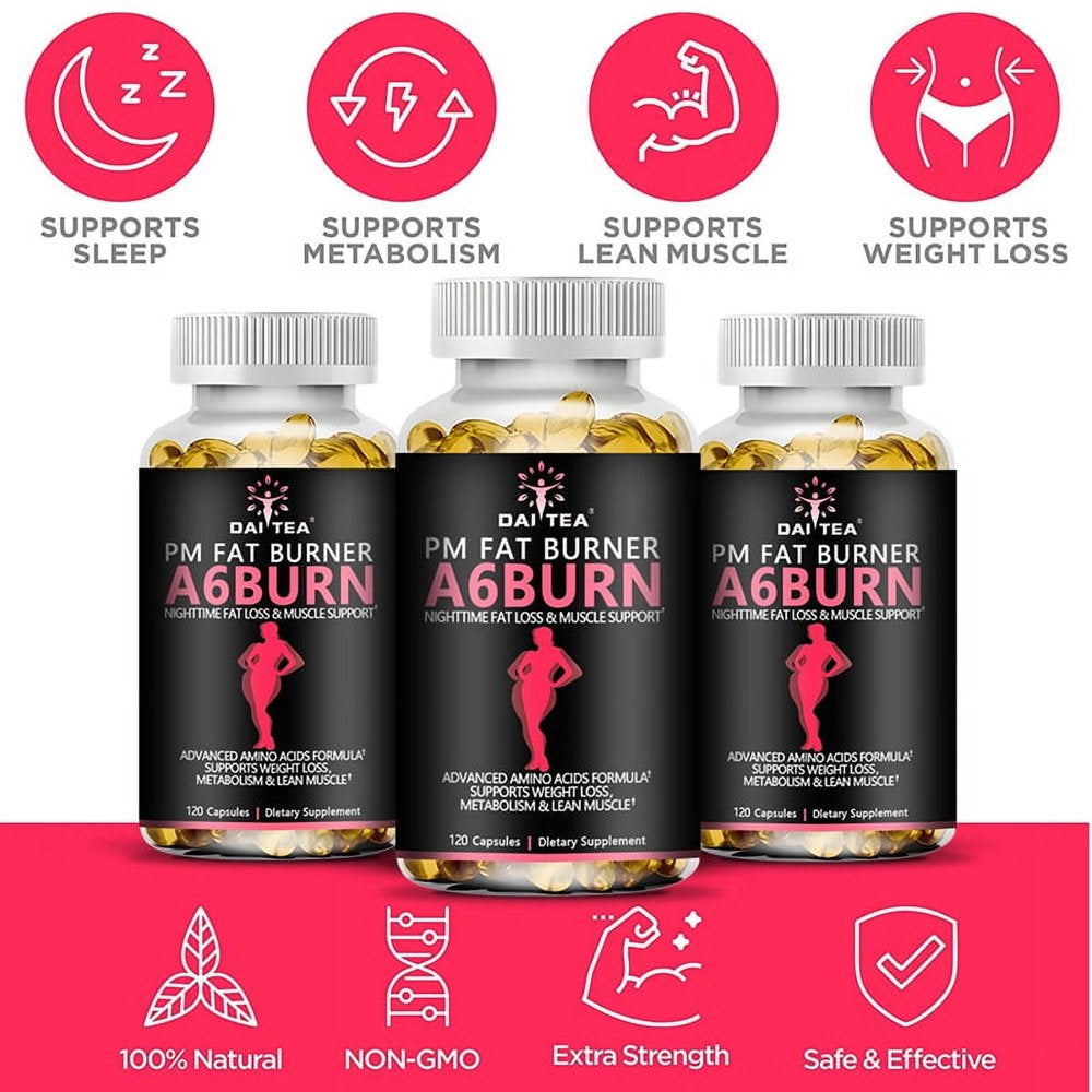 A6Burn,Nighttime Fat Burner, Appetite Suppressant, Lean Muscle Support, Metabolism Booster Diet Supplement-120Capsules