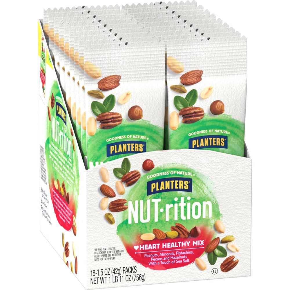 PLANTERS NUT-RITION Heart Healthy Mix with Peanuts, Almonds, Pistachios, Pecans, Hazelnuts & Sea Salt, 1.5 Oz Bag (Pack of 18)