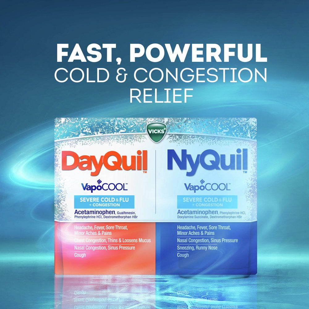 Vicks Dayquil & Nyquil Vapocool Caplets, Severe Cold & Flu Relief, Over-The-Counter Medicine, 24 Ct