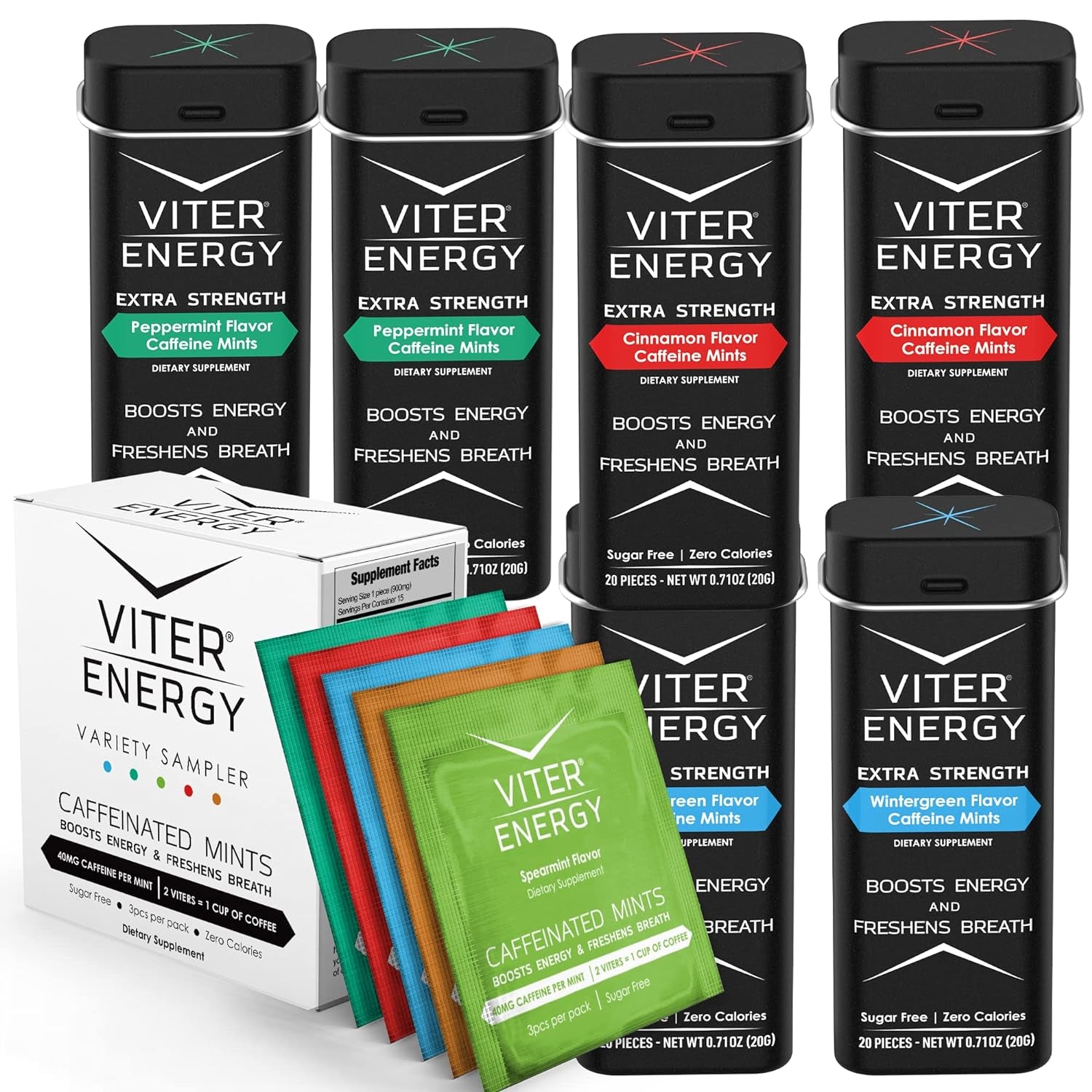 Viter Energy Extra Strength 3 Flavor 80Mg Caffeine Mints Variety and Original Caffeine Mints Variety Sampler Bundle - Caffeine, B Vitamins, Sugar Free, Vegan, Powerful Energy Booster for Alertness