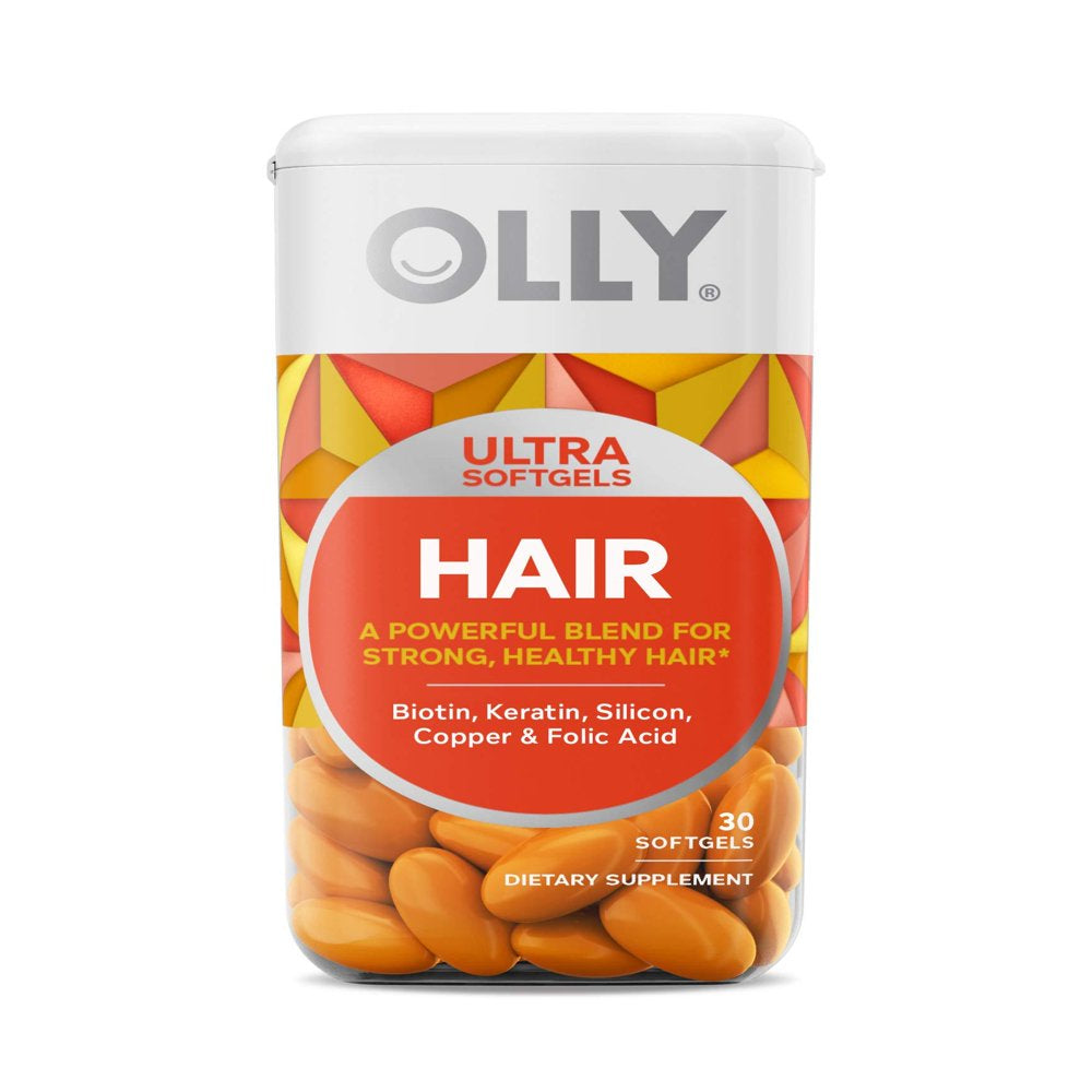 OLLY Hair Ultra Softgels, Supports Healthy Hair Growth, Stronger and Fuller Hair, Biotin, Keratin, Vitamin D, B12, Hair Supplement, 30 Day Supply Ultra Hair Softgels